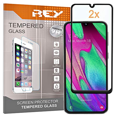 REY 2X Protector de Pantalla 3D para Samsung Galaxy A40, Negro, Protección Completa, 3D / 4D / 5D