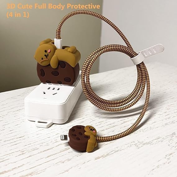 Image of PHONE PALACE 4 in 1 Compatible with Apple iPhone Charger Case Cover | Silicon Charger Case Cover for Apple 18-20W 360 Degree Protection Case with Wire Saver (Brown Biscuit Bear)