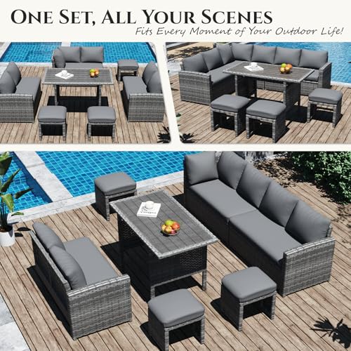 Image of U-MAX 7 Pieces Patio Furniture Set, Outdoor Sectional Sofa Conversation Set, All Weather Wicker Rattan Dining Table & Chair with Ottoman, Grey Rattan&Grey Cushion