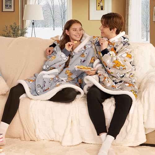 Image of Giggling Getup Wearable Blanket Hoodie for Adults Gifts for Teen Girls Sister Women Sherpa Fleece Printed Hooded Blanket Sweatshirt Warm Cozy with Pocket & Sleeves Grey Dog