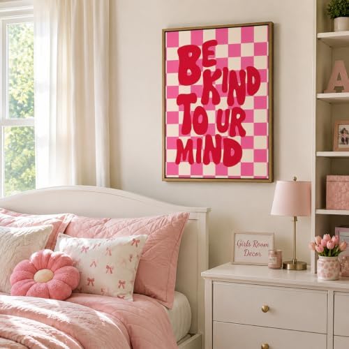 Framed“Be Kind to UR Mind”Canvas Wall Art,Pink Preppy Inspirational Painting Picture Wall Decor,Fashion Girly Poster Print Artwork,for Living Room Bedroom Girl Room Home Decoration - 2