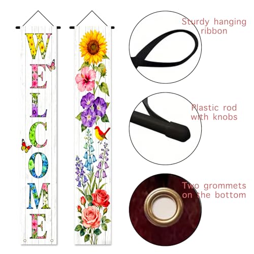 Image of Nuxovilar Welcome Floral Bird Porch Banners 12x70 Inches Polyester | Spring Porch Sign, Hanging Decor Floral welcome Banner, Avian Wreath Accent Yard, Patio, Home (Welcome Bird)