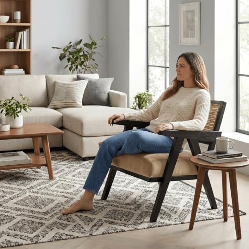 Image of Kingsman Furnitures ABEL Rattan Teak Wood Accent Arm Chair for Home Bedroom, Living, Dining, Drawing Room | Ultra Soft and Comfortable for Stress Free | Removable Cushion (Natural Cane- Beige Velvet)