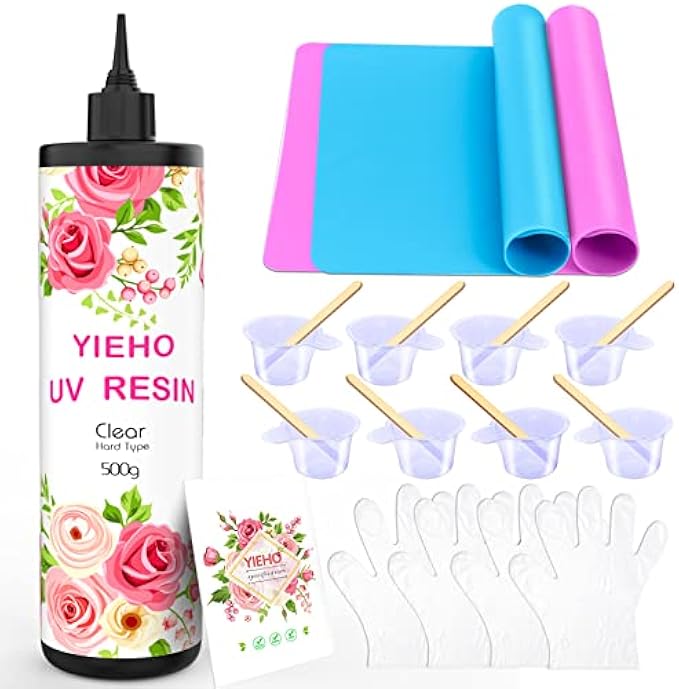 YIEHO 500g UV Resin Kit- Upgrade Crystal Clear Hard UV Fast Curing Epoxy Resin Supplies with Mats for Craft Jewelry Making