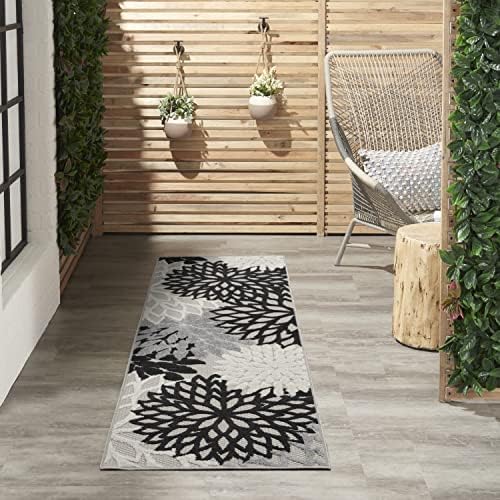 Nourison Aloha Indoor/Outdoor Black White 2' x 6' Area -Rug, Tropical, Botanical, Easy -Cleaning, Non Shedding, Bed Room, Living Room, Dining Room, Deck, Backyard, Patio (2x6)