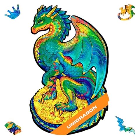 UNIDRAGON Original Wooden Jigsaw Puzzles - Guarding Dragon, 330 pcs, King Size 10.6" х17.3, Beautiful Gift Package, Unique Shape Best Gift for Adults and Kids Cover