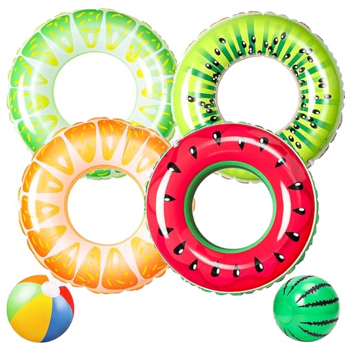 Image of SKIKHN 75CM Fruit Inflatable Pool Floats,4 Pack Rubber Ring for Swimming with 2Pc 30CM Beach Balls,Pool Inflatable Swimming Rings for Kids Adults Beach,Summer Pool Parties Watermelon Kiwi Orange Lemon