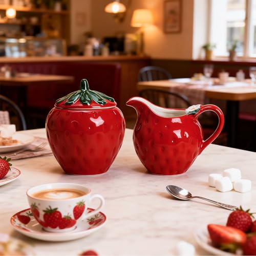 CHOOLD Ceramic Strawberry Shape Creamer and Sugar Bowl Set, Cream Pitcher, Sugar Bowl with Lid, Coffee Serving Set