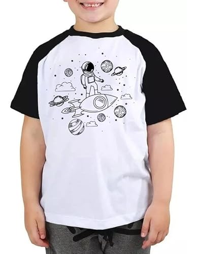 Camiseta infantil astronauta na nave camisa espaço planetas Cor:Preto e Branco;Tamanho:6