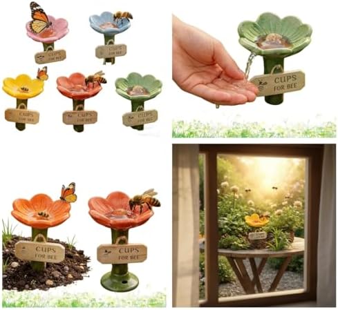 Songholee Flower-Shaped Ceramic Bee Watering Station, Flower Shaped BEE Watering Station, BeePollinator Feeder Drinking Cup with Stake Base, Outdoor Pollinator Water Bowl with Textured Center (Pink) — view 6