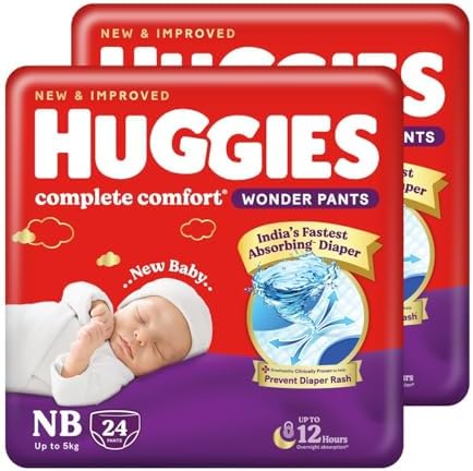 Huggies Complete Comfort Wonder Pants | Pant Style Baby Diapers Newborn Size (NB/XS), 48 Count | India's Fastest Absorbing Diaper, Prevents Diaper Rash, Ideal for 0-5 Kgs (24 Count, Pack of 2)