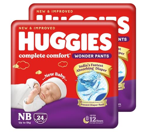 Image of Huggies Complete Comfort Wonder Pants | Pant Style Baby Diapers Newborn Size (NB /XS), 48 Count | India's Fastest Absorbing Diaper, Prevents Diaper Rash, Ideal for 0-5 Kgs (24 Count, Pack of 12)