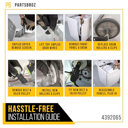 PartsBroz 4392065 Dryer Repair Kit with 341241 Dryer Belt, 349241T Dryer Drum Roller Kit, WP691366 Dryer Idler Pulley for Whirlpool Kenmore Roper Amana Maytag Centennial NED4655EW1 WED4815EW1 Parts