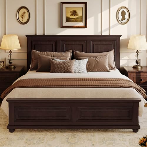 Merax Queen Size Bed Frames Traditional Town and Country Style Pinewood Vintage Bed,No Box Spring Needed,Brown