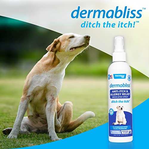 Vetnique Dermabliss Seasonal Dog Allergy Chews (60Ct) & Anti Itch Aller Relief Dog Spray (8Oz) Bundle #TOP7