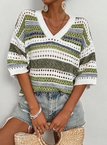 Image of Acelitt Crochet Tops for Women Summer Short Sleeve Sweater