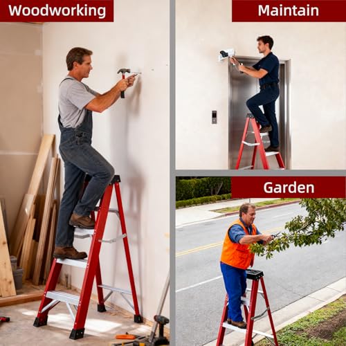 Image of Fiberglass Ladder, Single-Sided Stepladder for Electrical Engineering Ladder Construction with a Load Capacity of 330 pounds (4 Steps-Red)