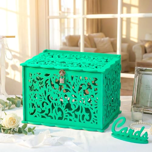 Image of Wedding Card Box with Lock, PVC Money Envelope Gift Card Box for Wedding Party Graduation Birthday Baby Shower Anniversary Decor, Unique Green Card Box Wedding Decorations for Reception