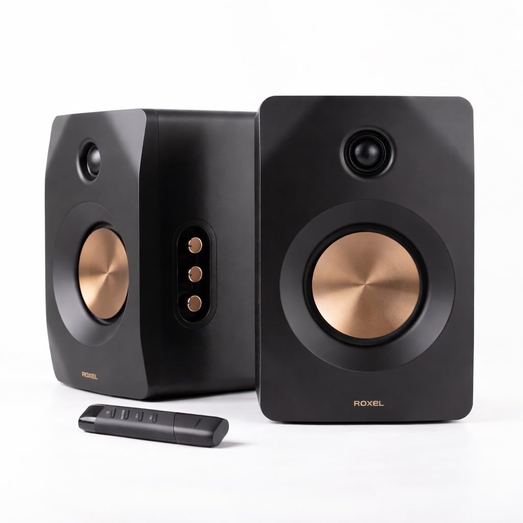 Roxel Nova 2 Active Bookshelf Speakers – 100W RMS, Wireless BT 5.4, HD ARC, Optical Input, 3m Cable – Dynamic Sound for Movies, Music, Office & Home Theater (Black)