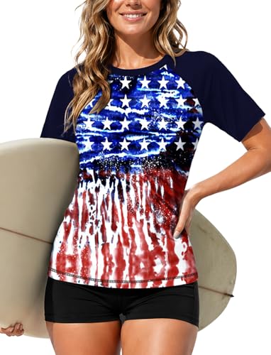 Image of AOBUTE Women Short Sleeve Rash Guard UPF 50+ Tropical Sun Protection Floral Swim Shirts