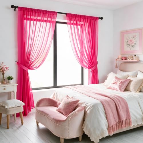 Fuchsia Sheer Curtains 96 Inch Long 2 Panels Chiffon Backdrop Drapes Party