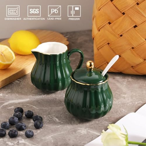 Elegant Sweejar Ceramic Sugar and Milk Jug Set - 3 Pieces with Milk Jug, Sugar Bowl with Lid and Spoon - Perfect for Weddings and Coffee Service (Dark Green) - Image 5