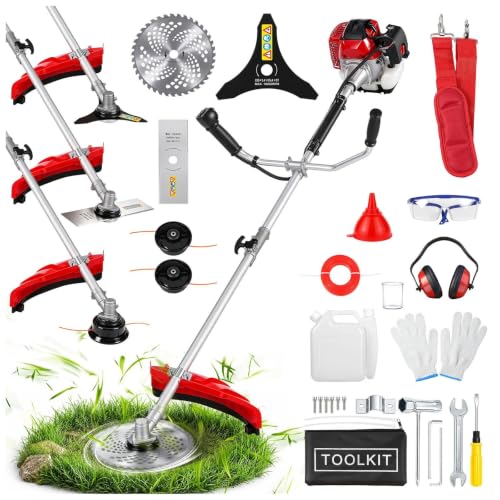 POWUSE 58cc gas trimmer with bike handle and blade attachments — the 58cc engine and 17 lb weight that put it ahead of the field