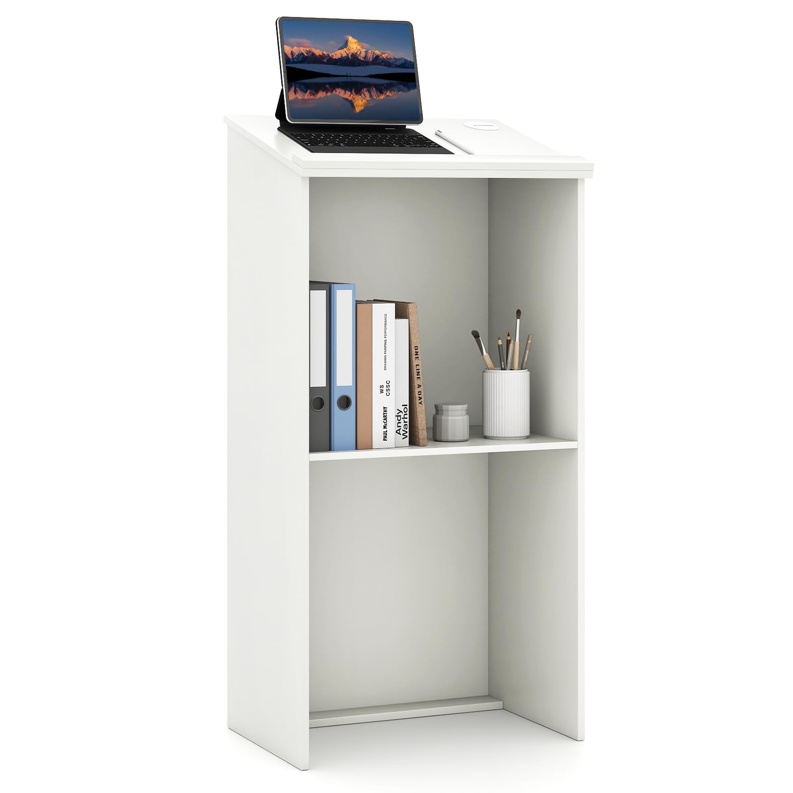 GYMAX Podium à 2 Niveaux en Bois, Pupitre de Conférence avec Étagère de Rangement & Plateau Incliné 58 x 35 cm & 2 Trous pour Câbles, pour Salle de Réunion École Église, Hauteur 116,5cm (Blanc)