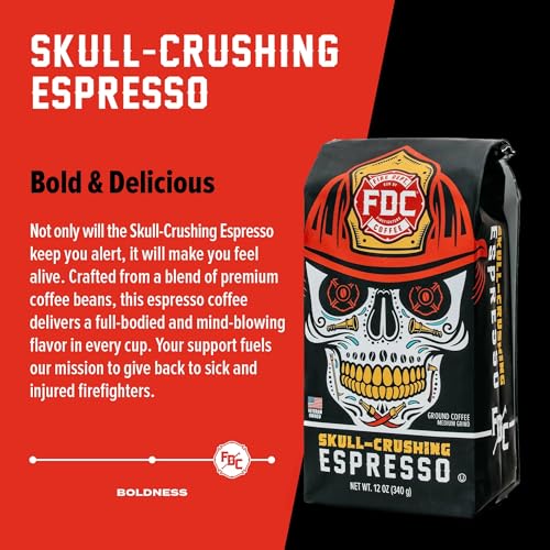 Image of Fire Department Coffee Skull-Crushing Espresso Dark Roast Ground Coffee - 12 oz (2 Pack) - Gives Back to Firefighters - Roasted in the USA - Veteran Owned