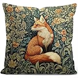 Vintage Fox Flowers Decorative Throw Pillow Cover William Morris Inspired- Vintage Flower Gift Art Farmhouse Cushion Pillowcase for Sofa Couch Bed Outdoor Living Room Home Decor (Fox&Floral)