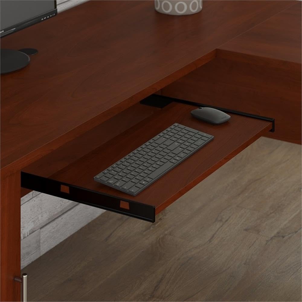 Scranton & Co Furniture Somerset 60W L Shaped Desk with Hutch and 5 Shelf Bookcase, Cherry Finish, Pull-Out Keyboard Tray, Adjustable Shelves, Office Storage Set for Home or Small Office Use