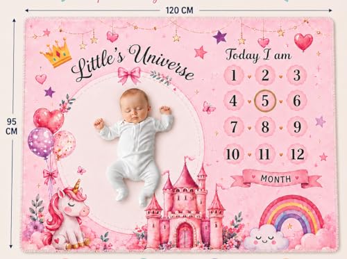 Image of Baby Monthly Milestone Photoshoot Blanket with Milestone Cards, Cotton, 115x95 cm, Animal Theme, 1-12 Months (Unicorn Pink)