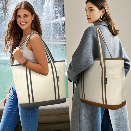 Image of Large Canvas Tote Bag for Women, Beach Bag with Zipper, Utility Tote Bag with 3 Front Pockets, Weekender Pool Bag