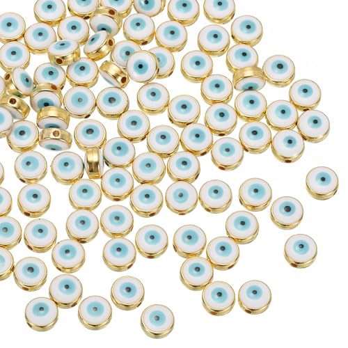 PATIKIL 8mm Evil Eye Beads 100 Pcs Flat Round Turkish Evil Eye Charm with Golden Edge Spacer Beads Eyeball Bead for Bracelet DIY Necklace Earrings Making White