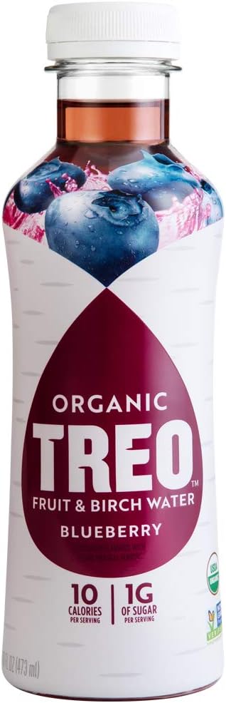 TREOFruit & Birch Water Drink, Blueberry, USDA Organic, Non-GMO Project Verified, Vegan, Gluten-Free, 10 Calories & 1g of Sugar Per Serving, 16 fl oz, Pack of 12