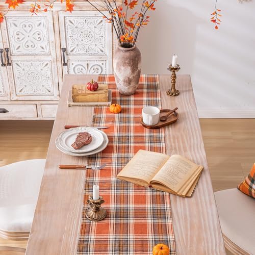 Plaid Fall Thanksgiving Table Runner, Autumn Holiday Rust Orange Table Runners 90 inches Long, Harvest Decorations Farmhouse Home Kitchen Dining Party Decor Plaid Fall Thanksgiving Table Runner, Autumn Holiday Rust Orange Table Runners 90 inches Long, Harvest Decorations Farmhouse Home Kitchen Dining Party Decor