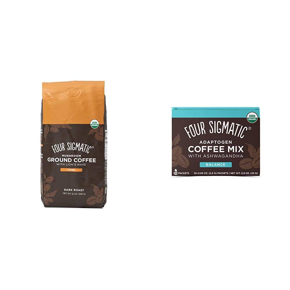 Four Sigmatic Mushroom Ground & Instant Coffee - Organic, Fair Trade with Lions Mane & Ashwagandha, 12 Oz & 10 Count