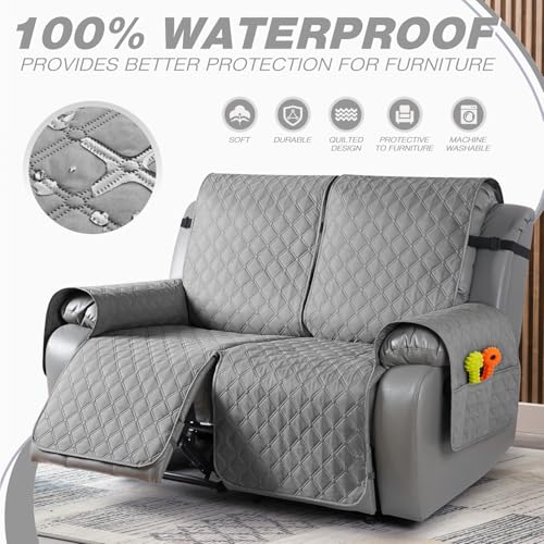 Image of TAOCOCO 100% Waterproof Recliner Covers, Recliner Sofa Covers with Leg Straps, Reversible Recliner Couch Cover for Reclining Chair, Washable Couch Protector for Pets Kids(2 Seater, Light Gray)