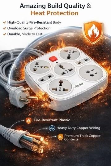 Image of 7 Socket Extension Board with Switch | 5 Universal 3‑Pin + 2 Two‑Pin Sockets | 2.5 Meter Heavy Duty Power Strip | Multi Plug Spike Guard Extension Board for Home, Office & Appliances