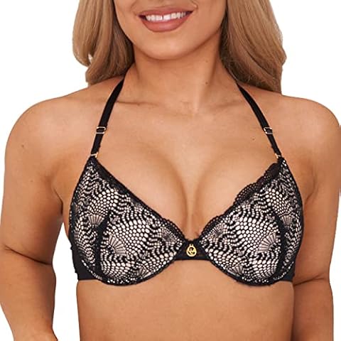 UCA Lingerie Black Seductive Lace Bra, Comfort Padded Underwired Bra, Convertible Criss-Cross Back for Everyday(32B,Black) Cover