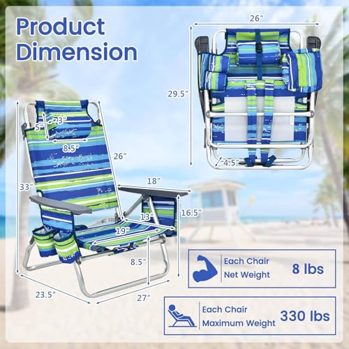 Image of Tangkula Set of 4 Backpack Beach Chair, 5-Position Lay Flat Beach Chairs with Cooler Bag, 2 Cup Holders, Towel Bar, Lightweight Folding Beach Chair with Backpack Straps