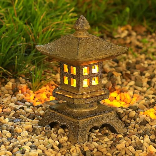 Solar Pagoda Decor Garden Brown Lantern Statue Japanese Style Outdoor Decor Garden Statue 8.9 Inch Garden Decorations(Brown)