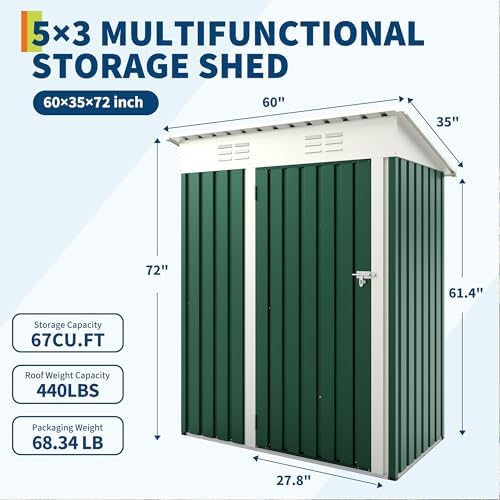 5×3FT Heavy Duty Metal Outdoor Storage - Weatherproof Garden Tool Locker - Lockable Door & Sloped Roof - Galvanized Steel for Patio, Backyard, Lawn Equipment - Navy Blue/Dark Green - 2