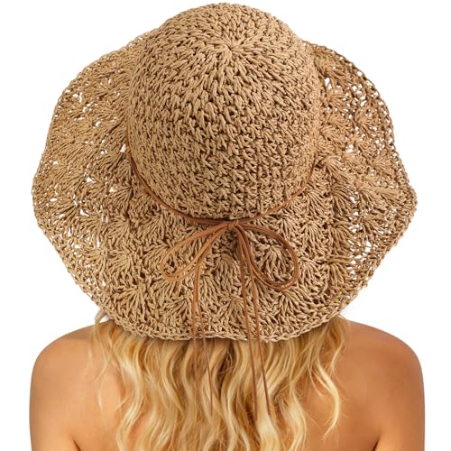 Image of Beach Sun Straw Hats for Women, Floppy Wide Brim Summer Straw Hats, Foldable Packable Roll up Cap