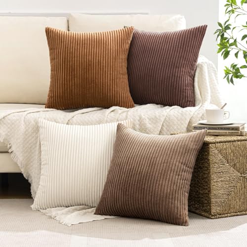 Image of MIULEE Boho Farmhouse Throw Pillow Covers 20x20 Inch Set of 4 Rustic Mordern Neutral Cushion Covers Soft Corduroy Nordic Fall Home Decor for Couch Bed Sofa Living Room Brown