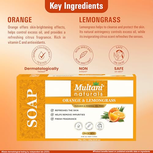 Image of Multani Natural Orange Lemongrass Soap - 125 gm (Pack Of 5) | Helps In Reducing Acne & Oil Control | Helps Revive Dull Skin & Refreshes Skin | Paraben Free | Clinically Tested | For All Skin Types | Soap Bar For Men & Women