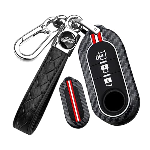HIBEYO 3 Buttons Carbon Fiber Texture Key Fob Cover Fit for Fiat Ducato 500 500L Panda Grande Punto Lancia Musa Accessories Metal&Silicone Folding Flip Key Case-3 Button-a(Red&White Lines)