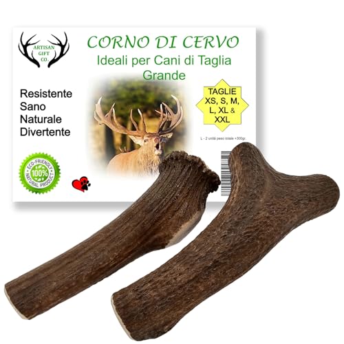ARTISAN GIFT CO Corno di Cervo per Cani, Osso per Cani da Masticare 100% Naturale, Taglia L Peso Minimo Confezione 300 gr. (L -2pz.)