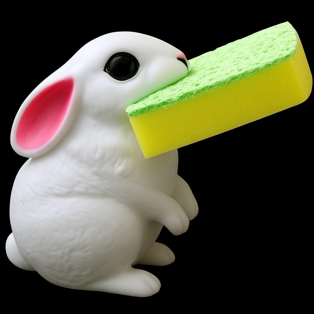 Dependable Industries inc. Essentials Rabbit Sponge Holder with Sponge – Cute Bunny Sink Organizer for Kitchen or Bathroom – White Animal Design image 2