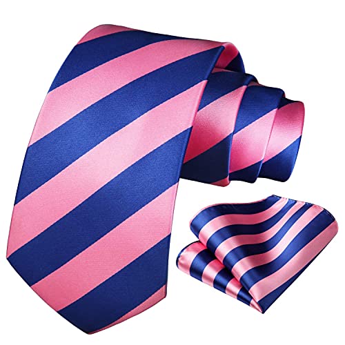 Image of HISDERN Stripe Tie Mens Ties with Pocket Square Set Classic 3.4'' Silk Formal Necktie Handkerchief for Business Wedding